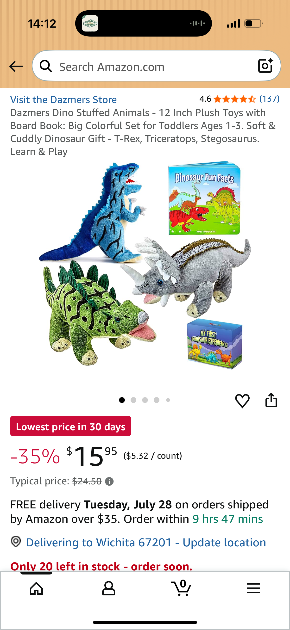 Dazmers Dino Stuffed Animals - 12 Inch Plush Toys with Board Book: Big Colorful Set for Toddlers Ages 1-3. Soft & Cuddly Dinosaur Gift - T-Rex, Triceratops, Stegosaurus. Learn & Play