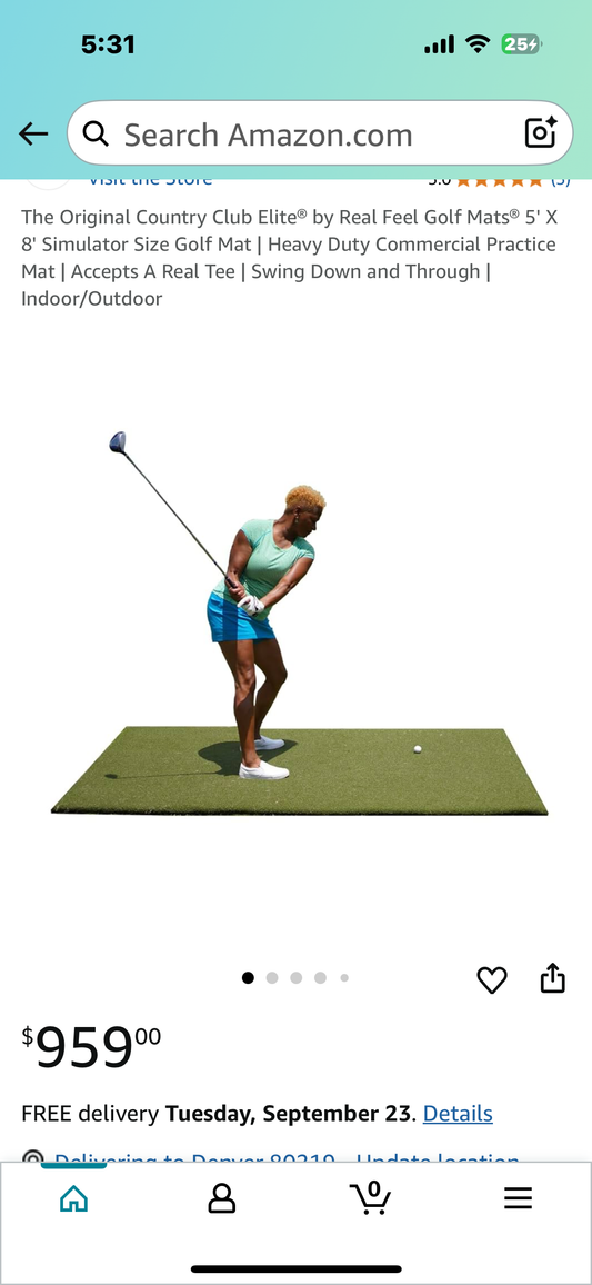 5' X 8' Simulator Size Golf Mat, Heavy Duty Commercial Practice
Mat, Accepts A Real Tee, Swing Down and Through, Indoor/Outdoor (W500)