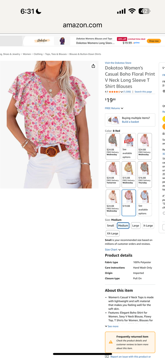 Dokotoo Women's Casual Boho Floral Print V Neck Long Sleeve T Shirt Blouses (Size Small)