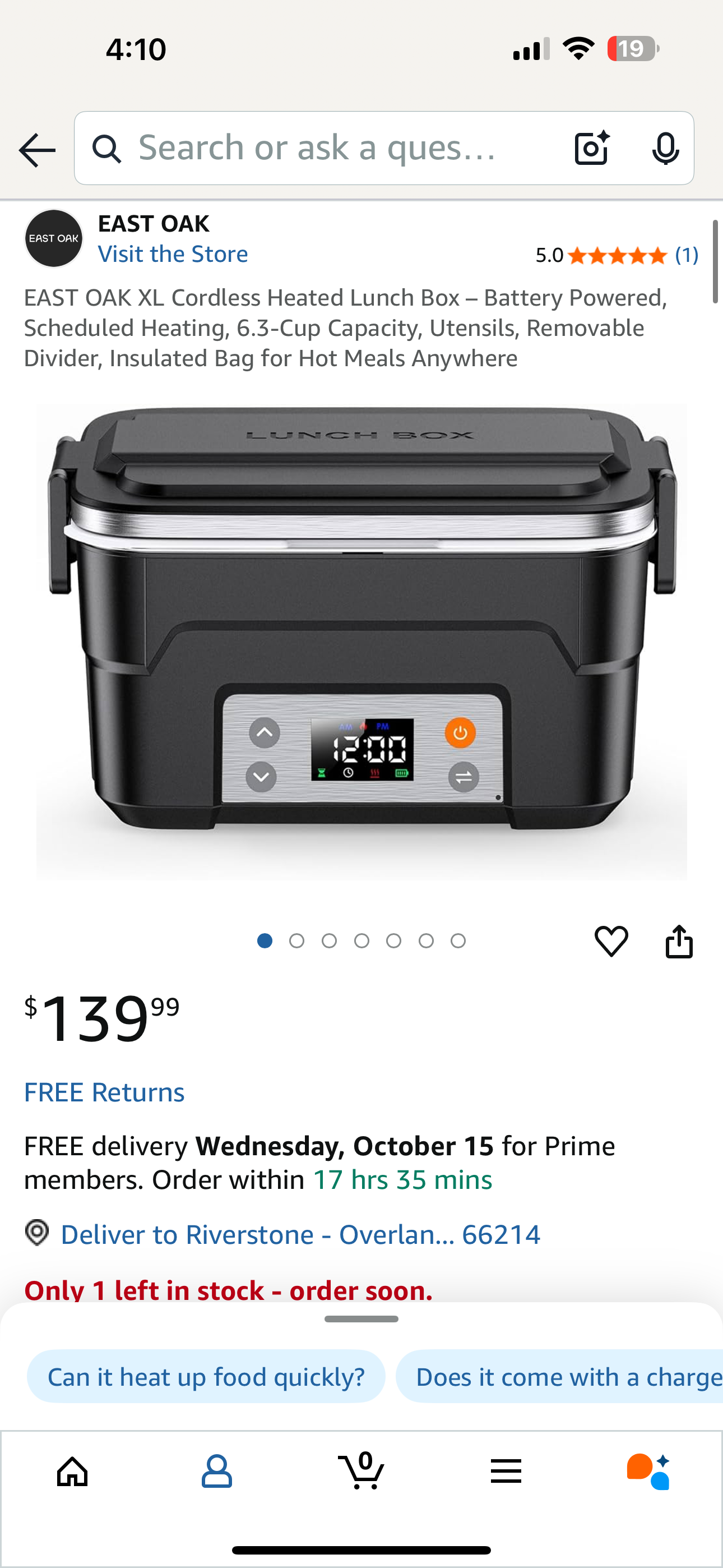 EAST OAK XL Cordless Heated Lunch Box – Battery Powered, Scheduled Heating, 6.3-Cup Capacity, Utensils, Removable Divider, Insulated Bag for Hot Meals Anywhere