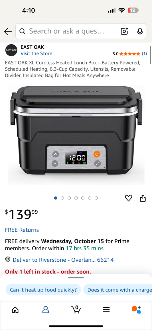 EAST OAK XL Cordless Heated Lunch Box – Battery Powered, Scheduled Heating, 6.3-Cup Capacity, Utensils, Removable Divider, Insulated Bag for Hot Meals Anywhere