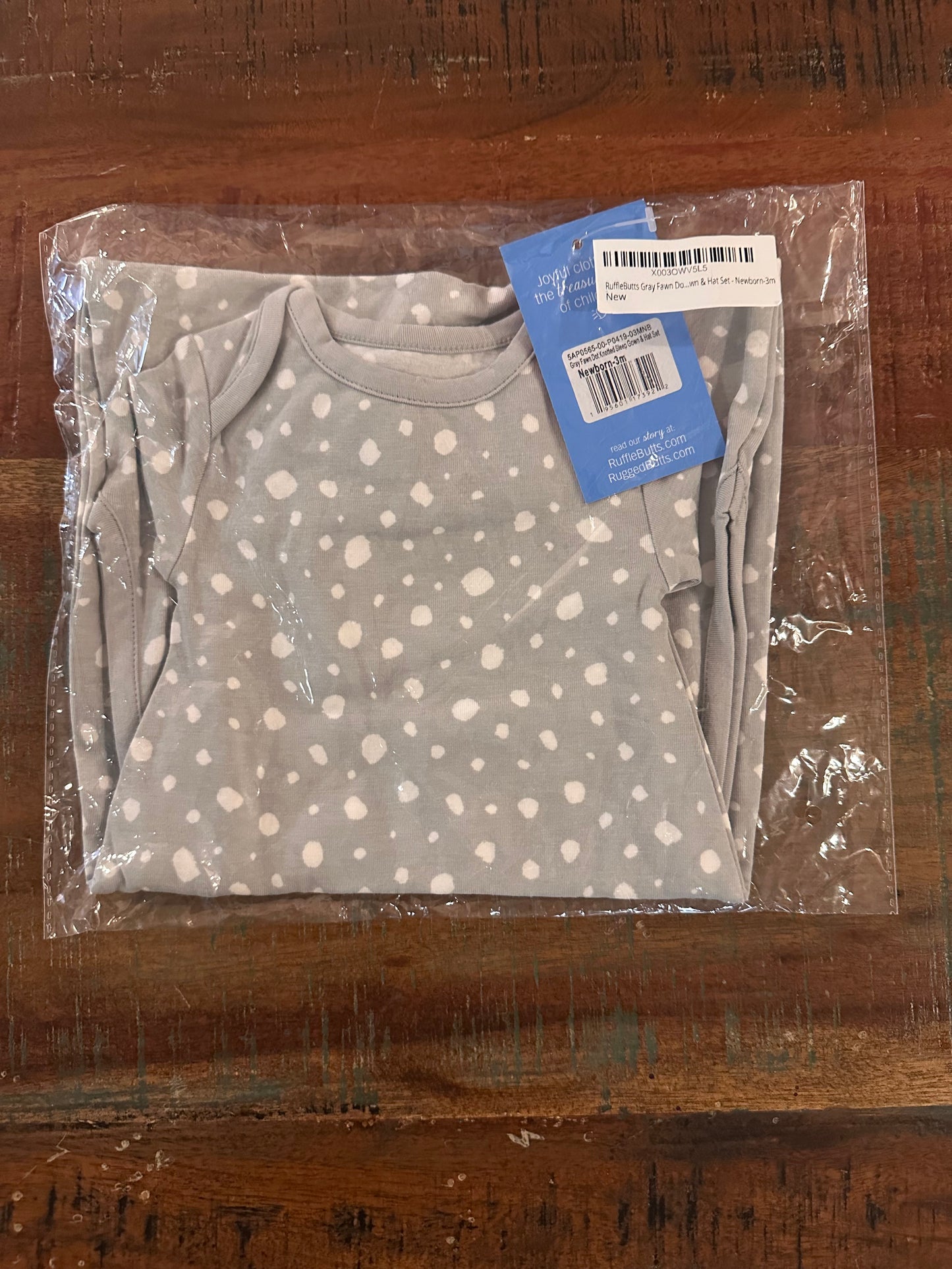 RuffleButts Dots Blue & White Micro Stripe Knotted Sleep Gown & Hat Set - Newborn-3m