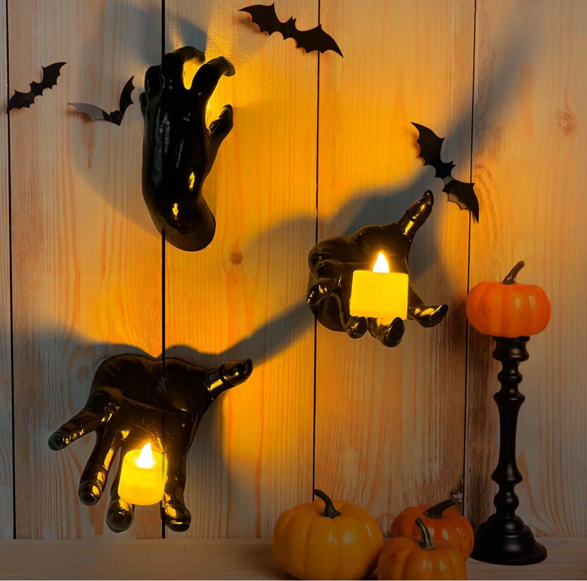 Halloween Decorations - Indoor/Outdoor: Three Wall-Mounted Hands with Candles