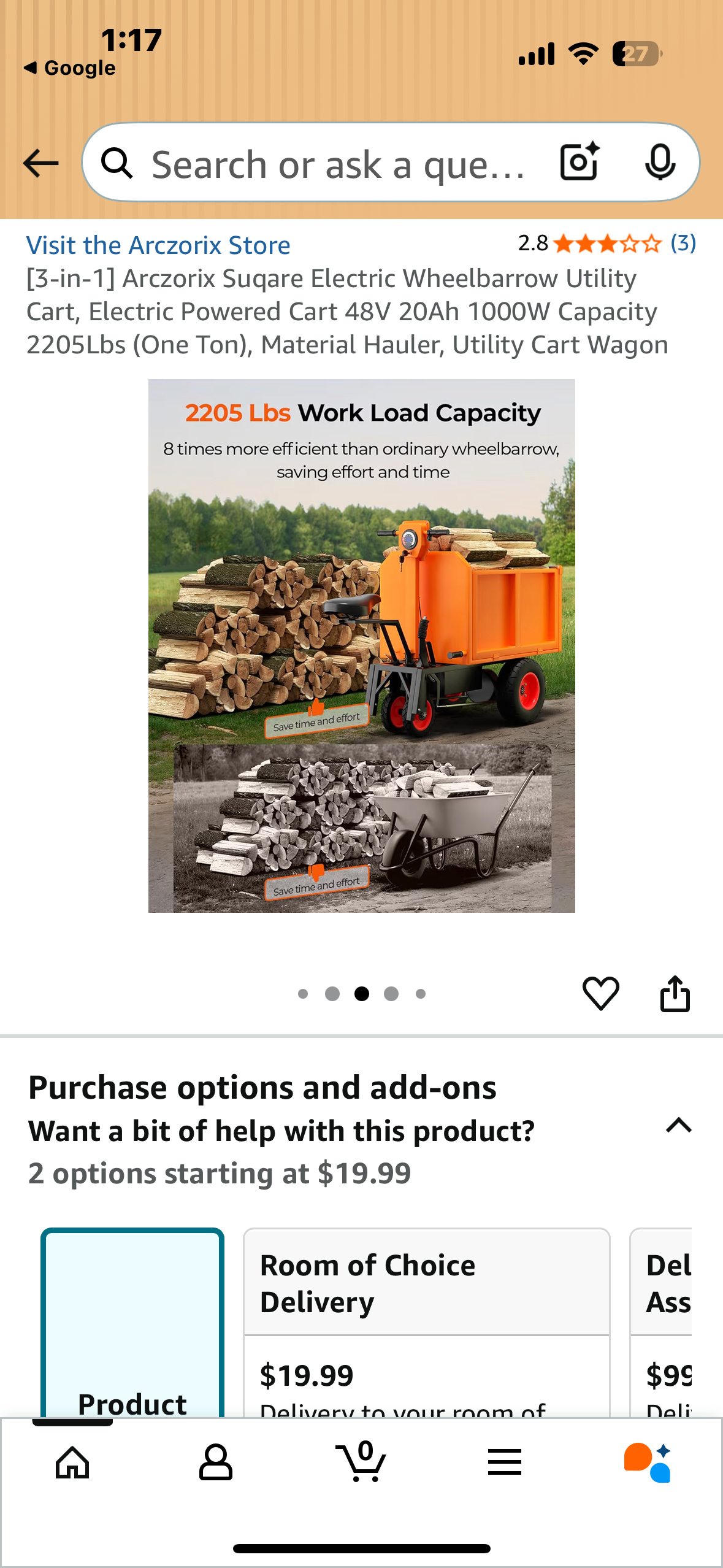 Arczorix [3-in-1] Electric Wheelbarrow Utility Cart, Electric Powered Cart 48V 20Ah 1000W Capacity 2205Lbs (One Ton), Material Hauler, Utility Cart Wagon (G876)