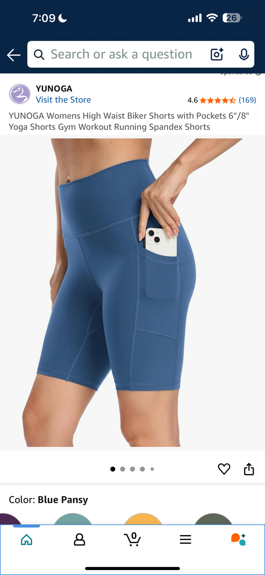 YUNOGA Womens High Waist Biker Shorts with Pockets 6"/8" Yoga Shorts Gym Workout Running Spandex Shorts (Blue Size XS)