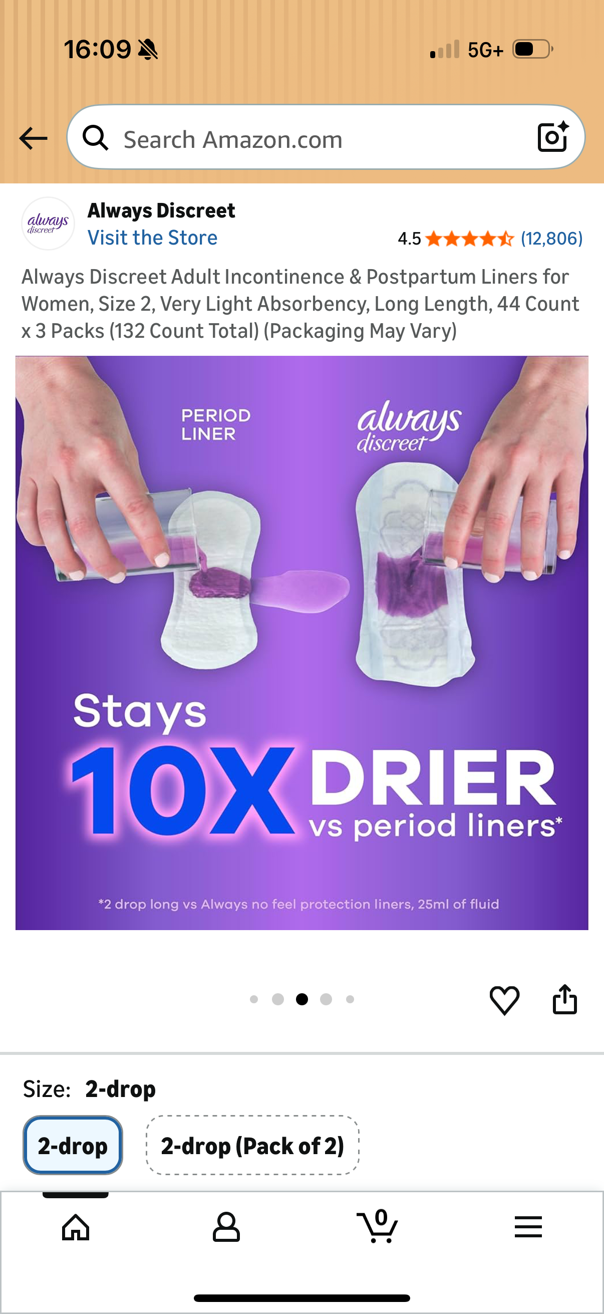 Always Discreet Adult Incontinence & Postpartum Liners for Women, Size 2, Very Light Absorbency, Long Length, 44 Count x 3 Packs (132 Count Total)
