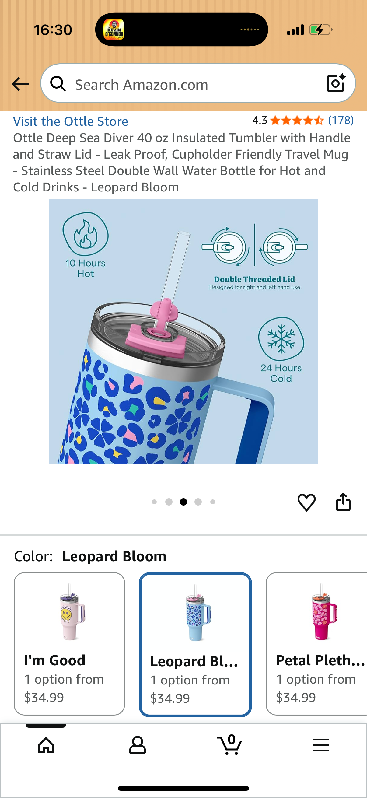 Ottle Deep Sea Diver 40 oz Insulated Tumbler with Handle and Straw Lid - Leak Proof, Cupholder Friendly Travel Mug - Stainless Steel Double Wall Water Bottle for Hot and Cold Drinks - Leopard Bloom