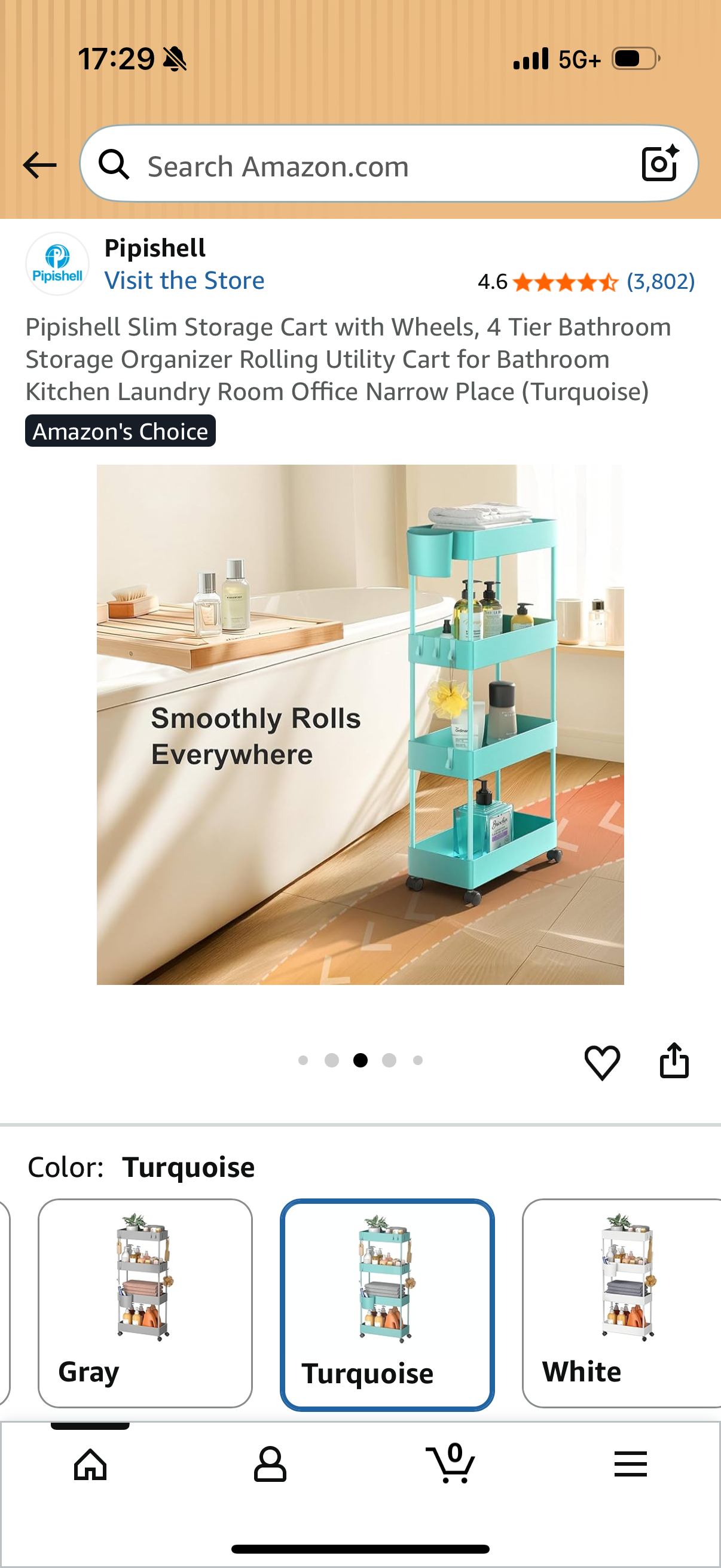 Pipishell Slim Storage Cart with Wheels, 4 Tier Bathroom Storage Organizer Rolling Utility Cart for Bathroom Kitchen Laundry Room Office Narrow Place (Turquoise)