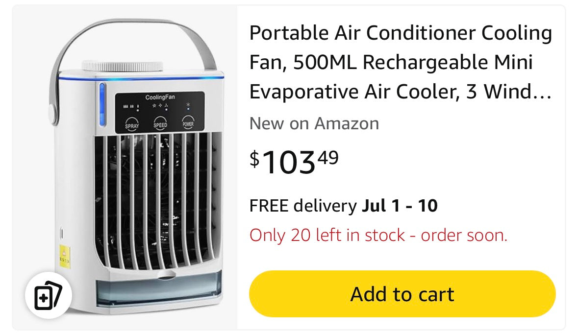 Portable Air Conditioner Cooling Fan, 500ML Rechargeable Mini Evaporative Air Cooler, 3 Wind Speeds Desktop Conditioners Fan