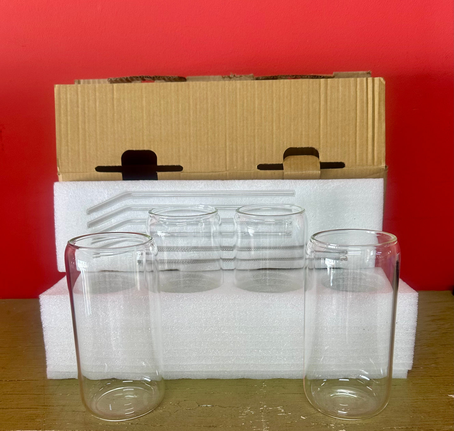 4pcs Set Drinking Glasses with Glass Straw - 16oz Can Shaped Glass Cups Set, Iced Coffee Mug, Cute Tumbler Cup, Whiskey, Choltail, Water 2 Cleaning Brushes