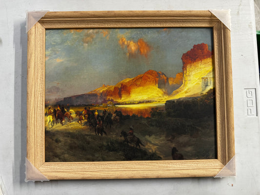 Brivoria Framed Canvas Wall Art Vintage Decor, Romantic Autumn Western Scene with Horse Riders, Red Rock Canyon and Golden Sunset Light for Hallway Reading Nook or Rustic Frontier Display, 13"x16"