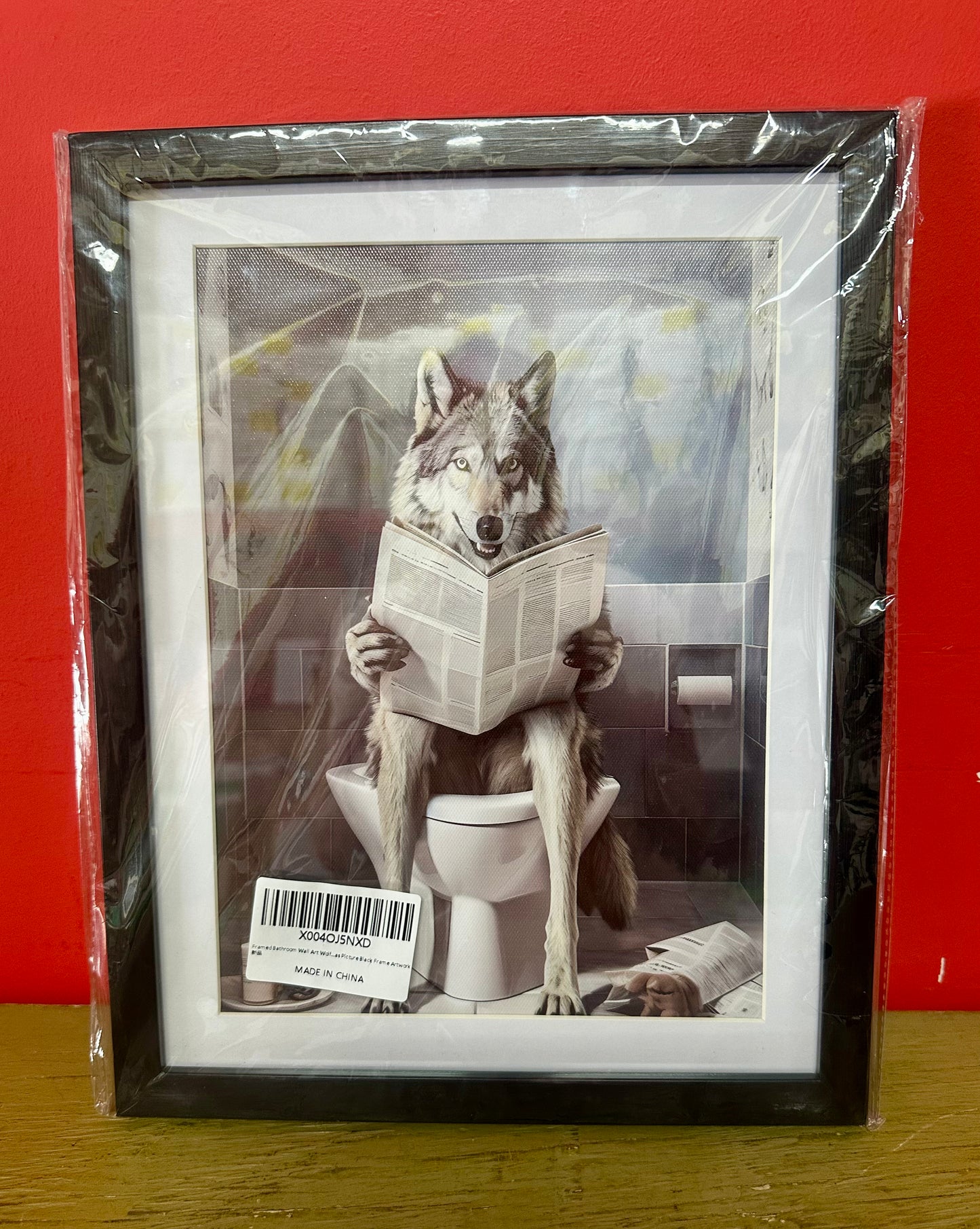 Animal Bathroom Wall Art Framed Bathroom Artwork for Wall Funny Wolf On Toilet Reading Newspaper Print Picture Decor