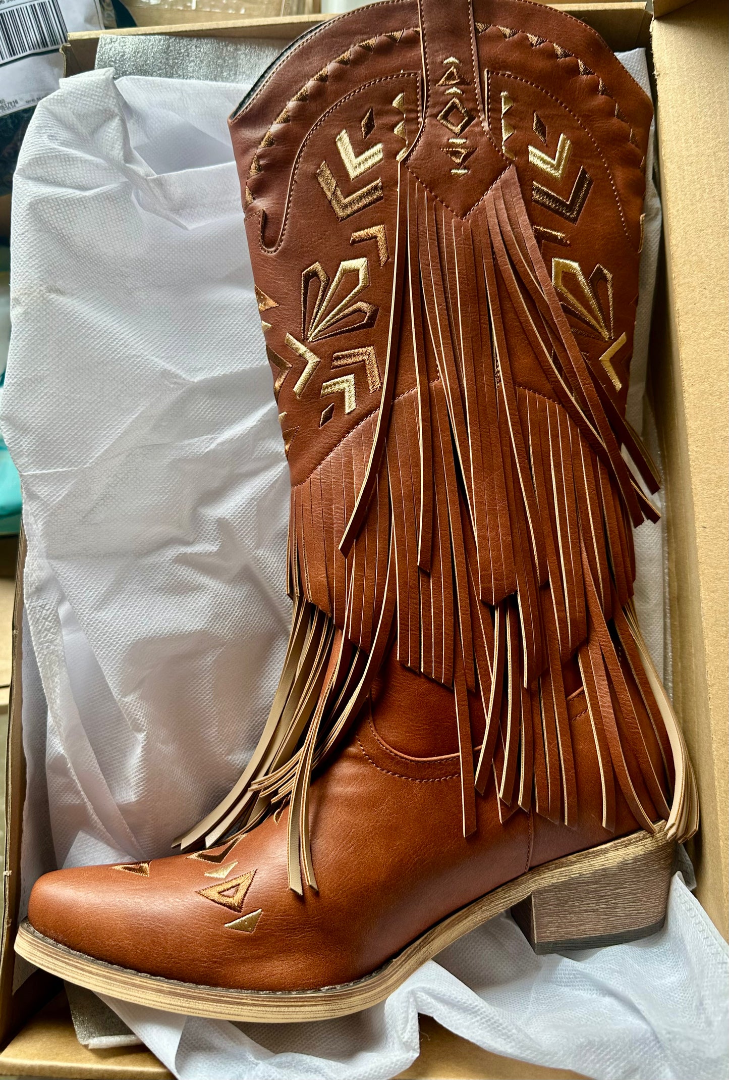 Cowboy Boots for Women - Fringe Knee High Cowgirl Boots with Classic Embroidery, Pointed Toe, Pull on Retro Design ya(Size Wom 8.5)