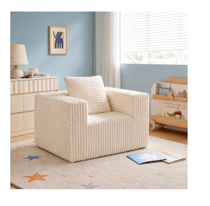 Beige Corduroy Cloud Sofa Chair, Mini Foam Reading Lounge, No Assembly, Comfy corduroy cloud chair with high-density foam, wide armrests & pillow. Perfect for living room & bedroom. No assembly.