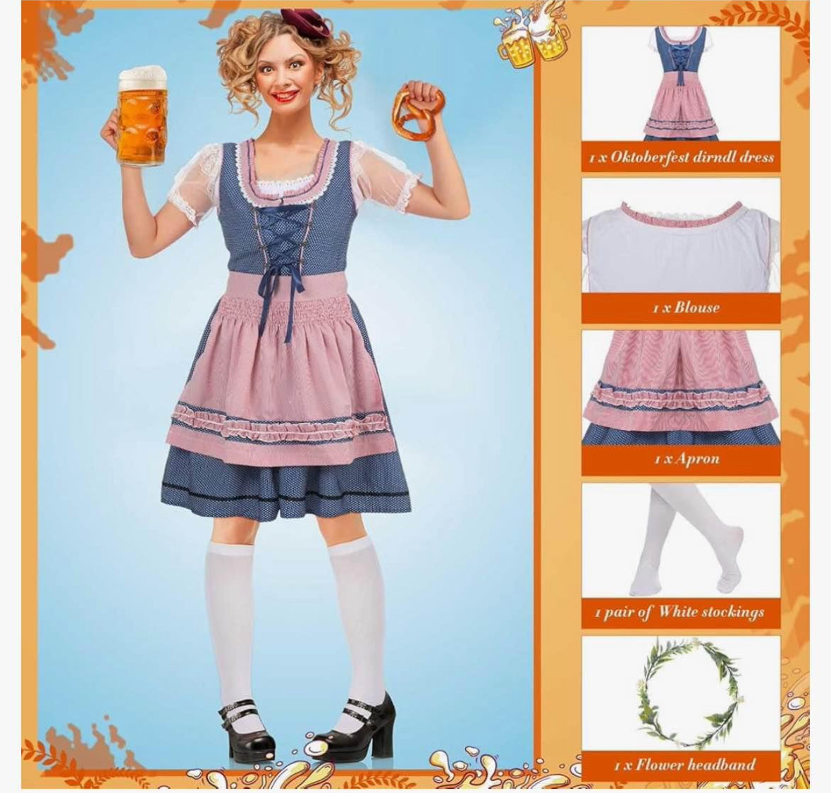 Blosssound 5 Pieces Women Dirndl Dress Oktoberfest Costumes for Adult German Beer Festival Bavarian Party Outfits (Size Medium)