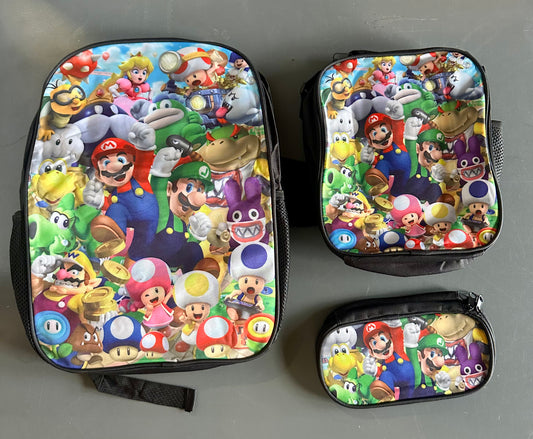 Mario Brothers, backpack, lunch bag, and pencil bag
