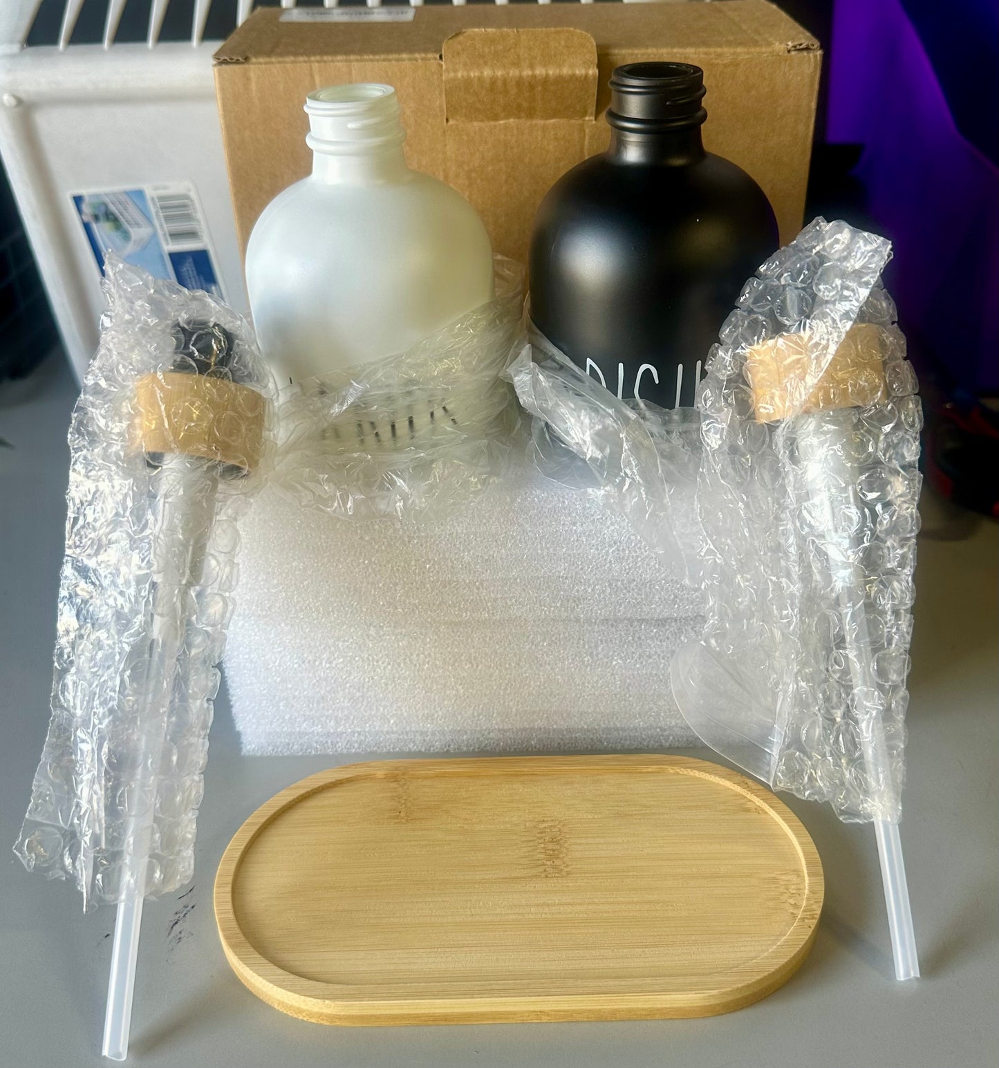 Hand and Dish Soap Dispenser Set,16oz Glass Bottles with Bamboo Pumps & Tray,Countertop Soap Dispensers for Kitchen,Luxury, Minimalist & Farmhouse Decor
