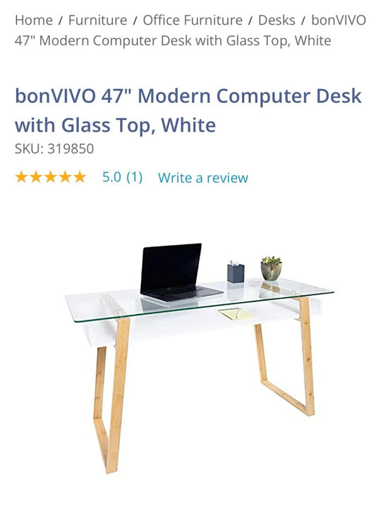 bonVIVO 47" Modern Computer Desk with Glass Top, White (O243)