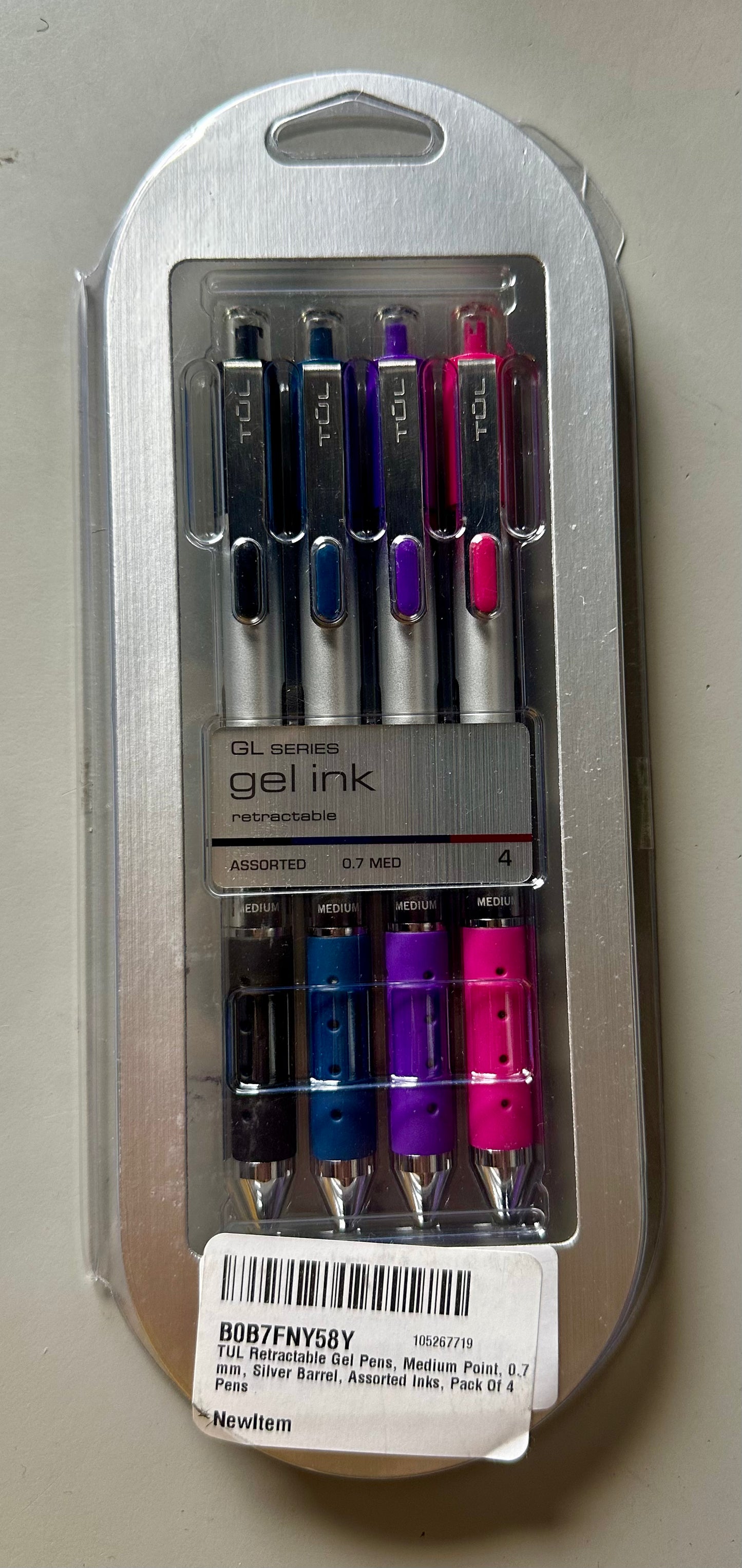 TUL® Retractable Gel Pens, Medium Point, 0.7 mm, Silver Barrel, Black/Navy/Purple/Lavender Inks, Pack Of 4 Pens