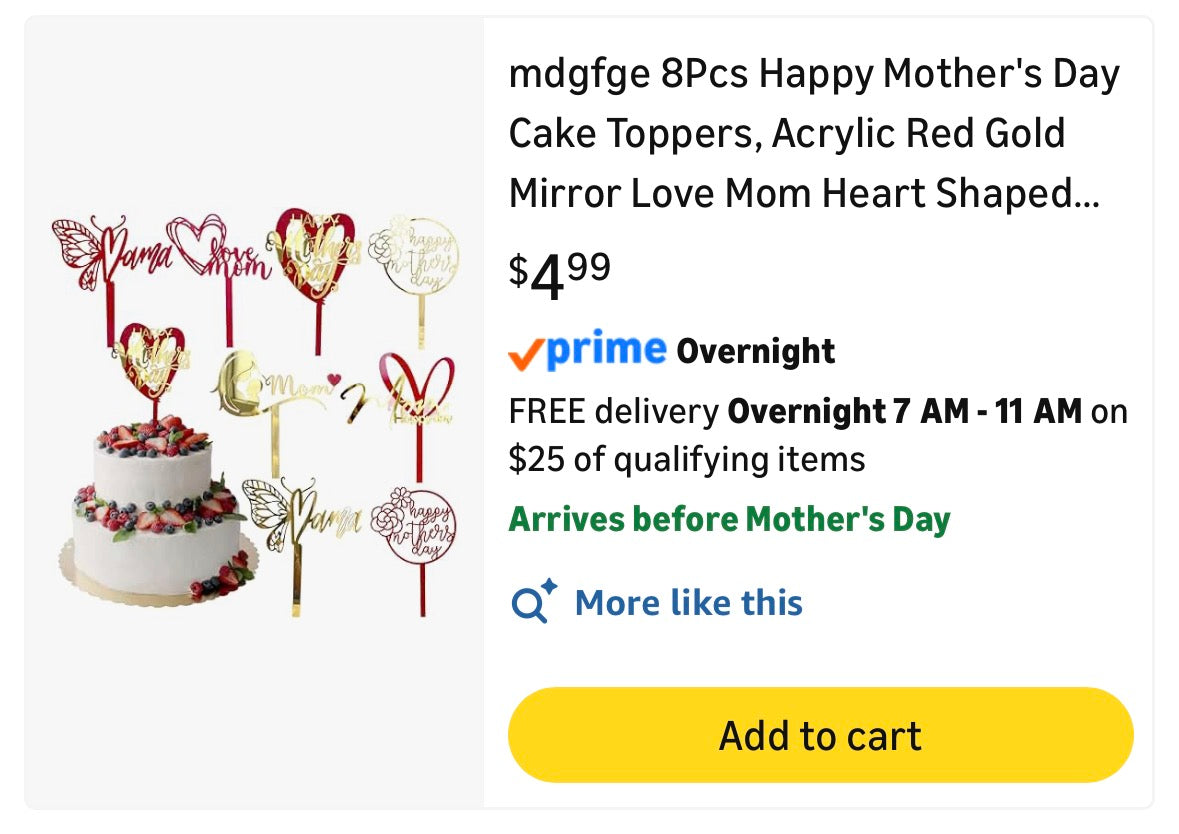 mdgfge Happy Mother's Day Big Cake Toppers, Acrylic Gold Mother's Day Cupcake Decorations Heart Shaped Cake Picks Cake Topper for Mother's Day Mom's Birthday Cake Party Decor Supplies(8Pcs)