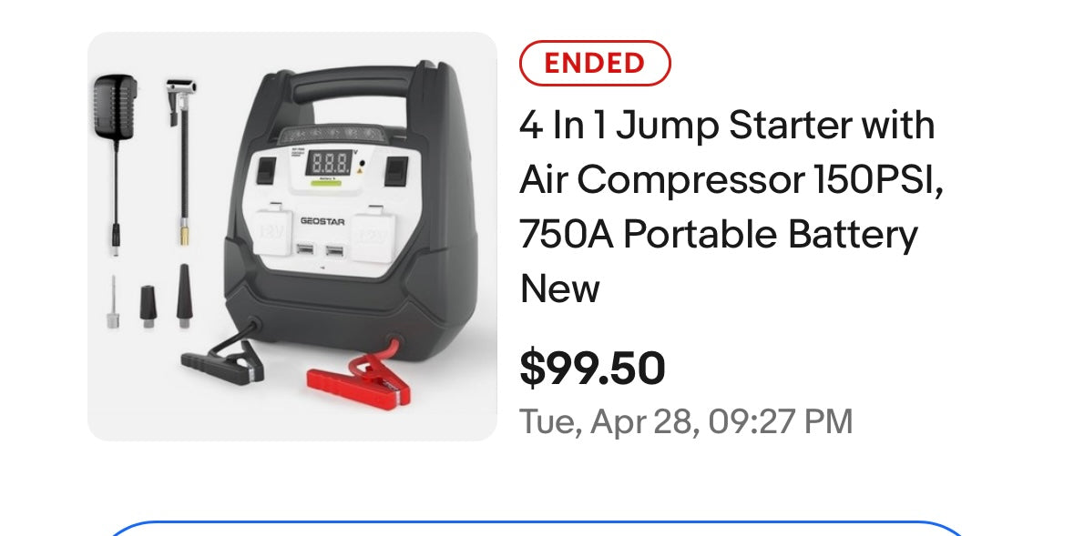 GEOSTAR 4-in-1 Jump Starter with Air Compressor 150PSI, 750A Portable Battery for 8.0L and 6.0L Engines, with Smart Jumper Cable, 2 USB Ports, 2 DC Ports, LED Light