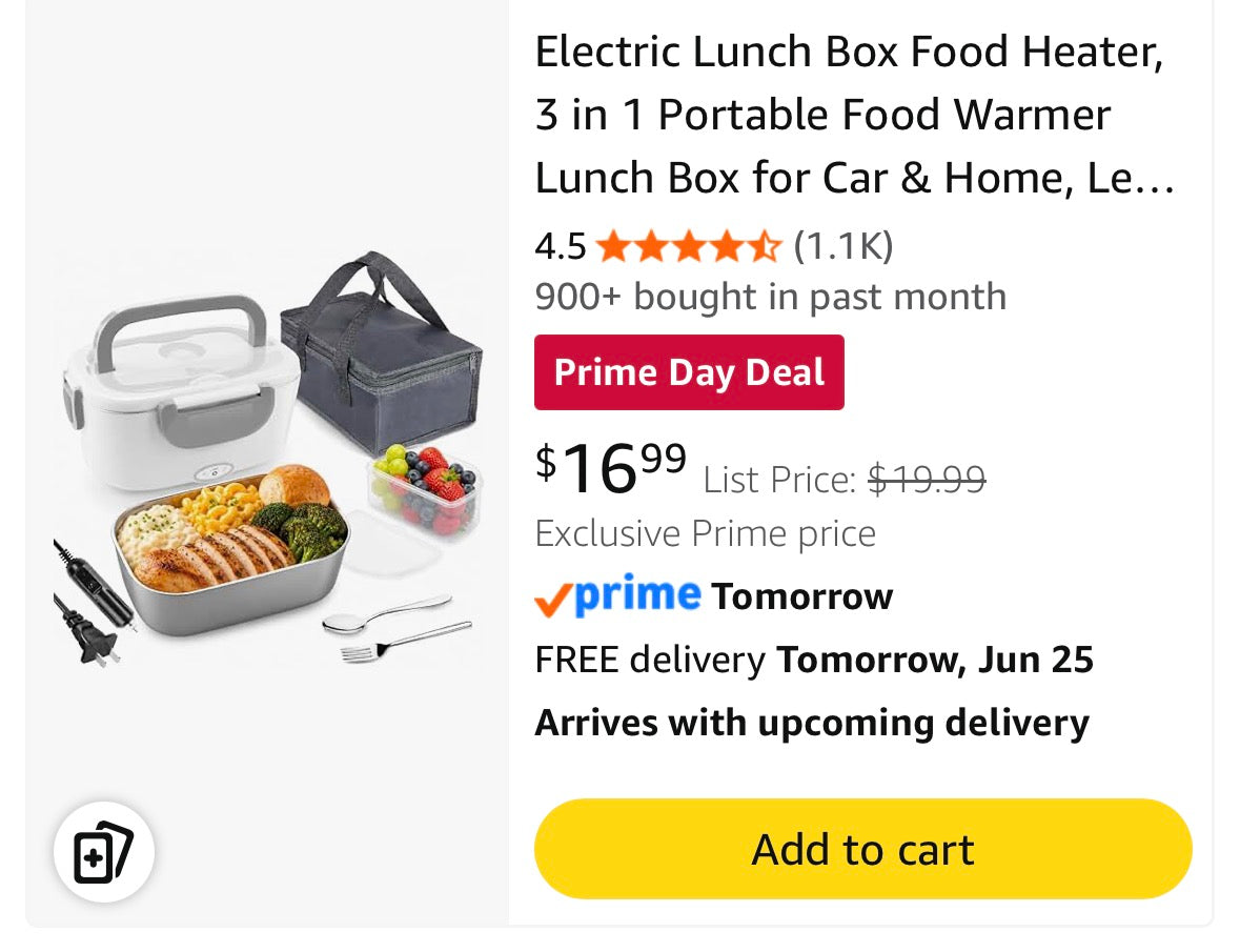 Purab Mart- Electric Lunch Box 60W Food Warmer Heater 12V/24V/110V Faster Heated Lunch Box for Car & Home – With 1.5L Removable 304 SS Container, Leak proof, fork, spoon and Carry Bag (Grey).