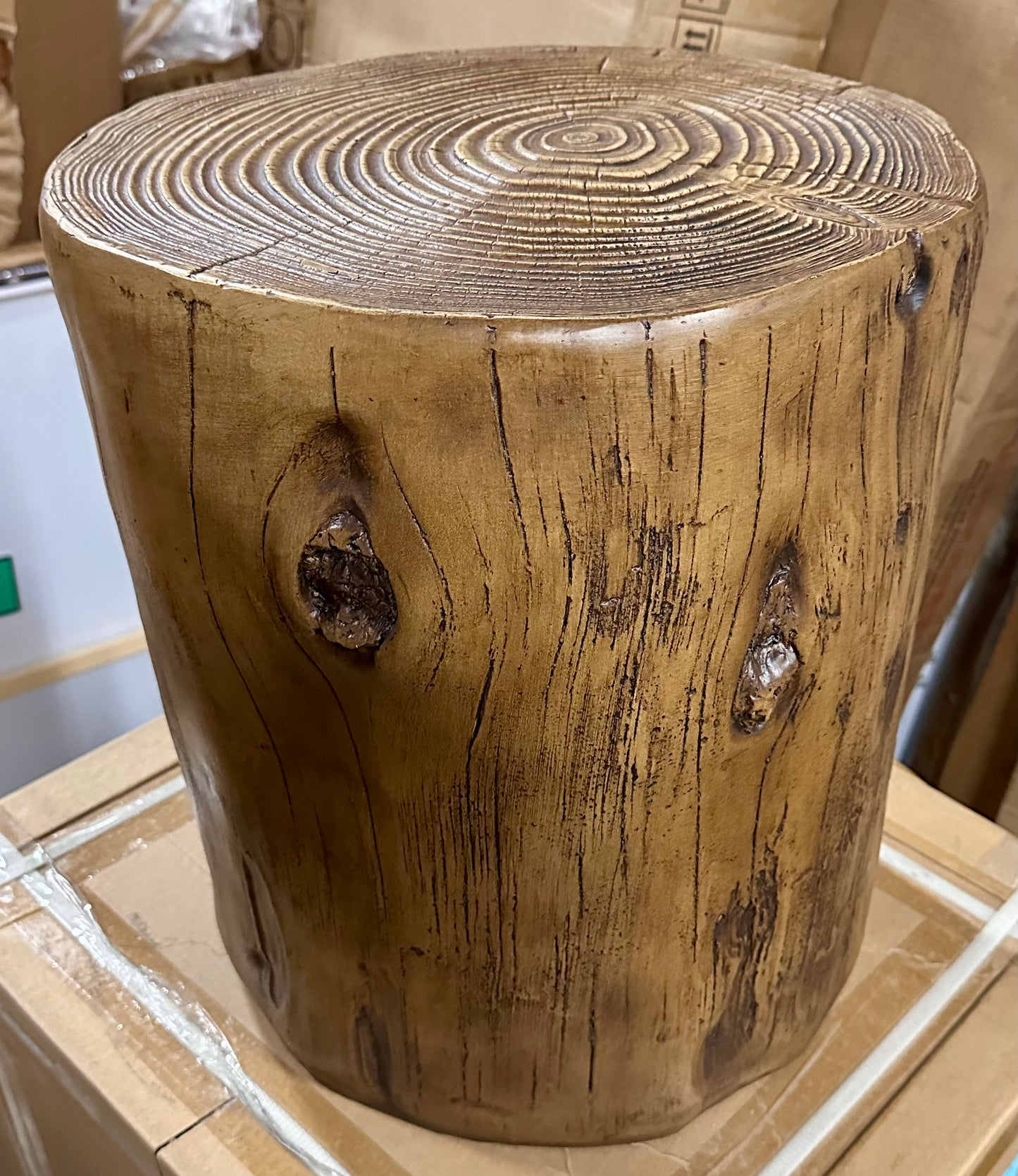 COSIEST Outdoor End Table Walnut Colored Faux Wood, Hand-Painted Wood Stump Stool, Ottoman or Plant Stand, Deck or Garden (L1092)