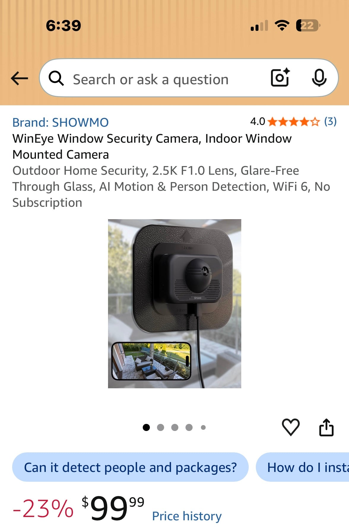 WinEye Window Security Camera, Indoor Window Mounted Camera,  Outdoor Home Security, 2.5K F1.0 Lens, Glare‑Free Through Glass, AI Motion & Person Detection, WiFi 6, No Subscription