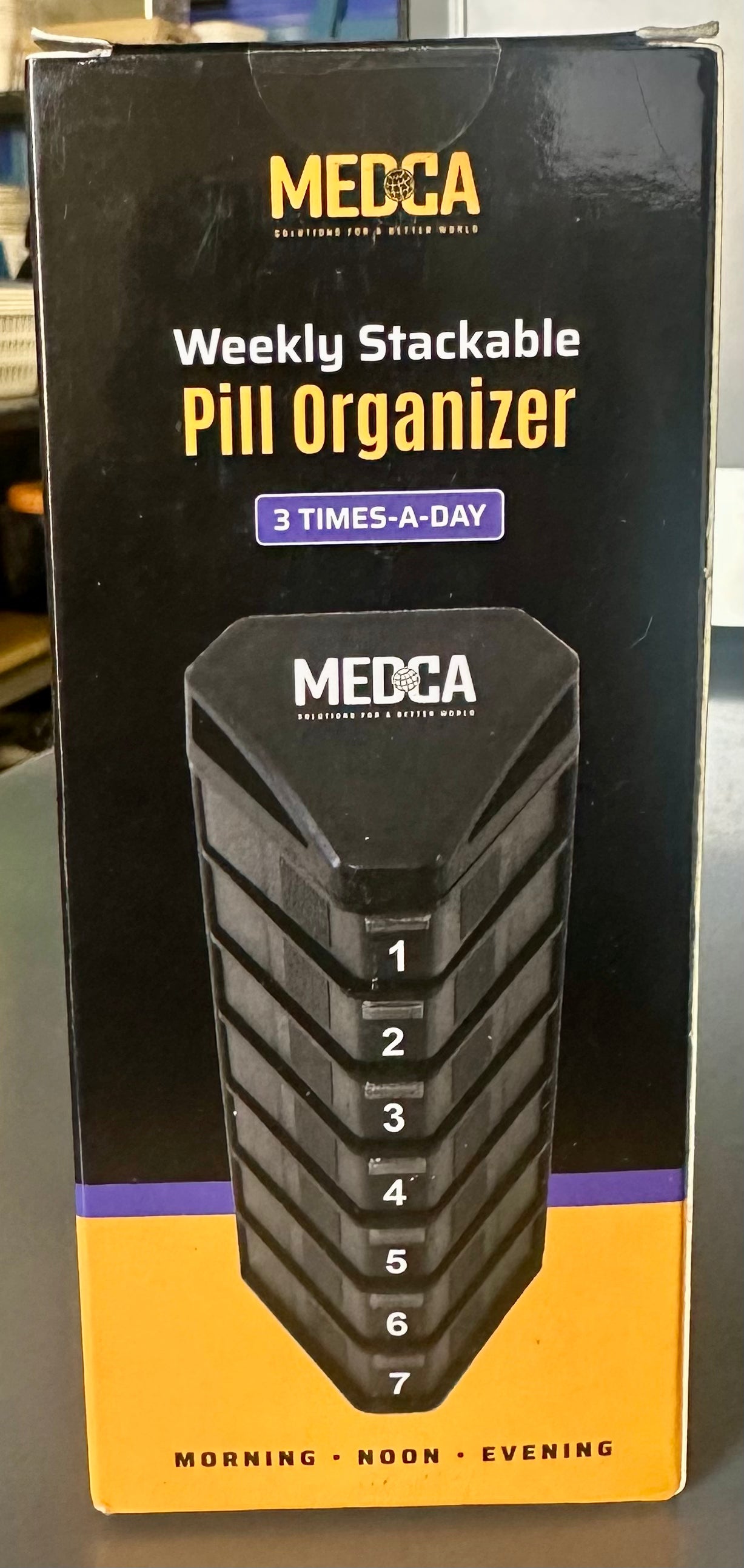 MEDCA Moisture Proof Weekly Stackable Pill Organizer - BPA Free, Weekly Pill Box Case with 3 Daily Compartments - Black Pill Box to Store Pills, Vitamins, Supplements