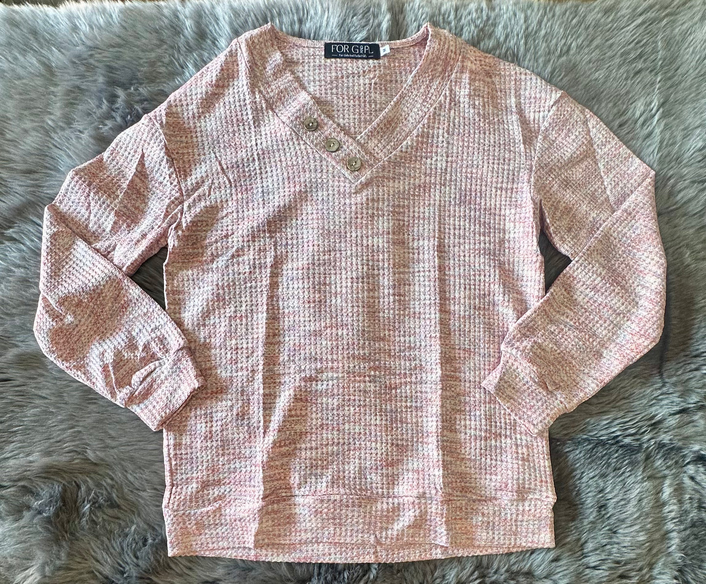 Womens Autumn Waffle Knit Pullover V Neck Blouse, Oversized Solid Casual Button Sweater Pink (Size Medium)