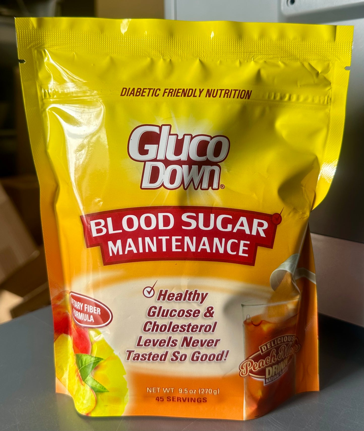 GLUCODOWN, Delicious Peach Mango Drink Mix, Patent Pending Dietary Fiber Formula for Maintenance of Healthy Blood Sugar & Cholesterol, 45 Servings.