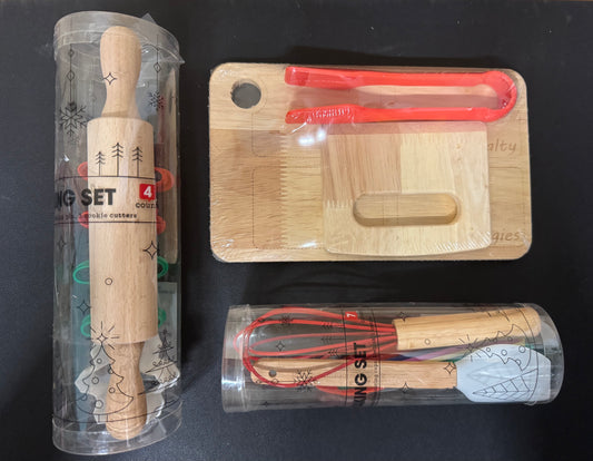 Christmas In the Kitchen 3 Sets for Kids - Charcuterie Board with Cutter and Tongs, Rolling Pin with 3 Christmas Cookie Cutters, Baking Set with Whisk Spatula and Measuring Spoons