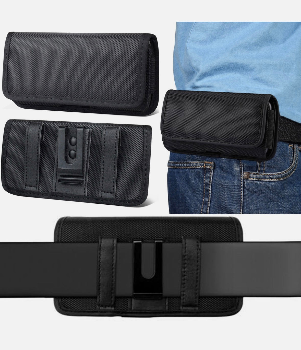 INGIDO Nylon Phone Pouch Holster Belt Case, Compatible with iPhone 15 Pro Max, 15 Plus, 14 Pro Max, 14 Plus, 13 Pro Max, Galaxy S24 Plus, Cell Phone Holster with Belt Clip, Black -L