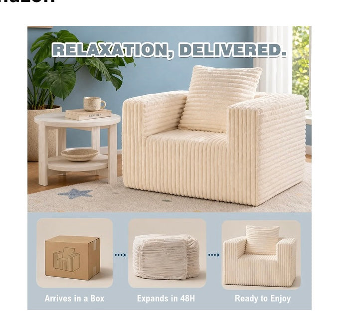 Beige Corduroy Cloud Sofa Chair, Mini Foam Reading Lounge, No Assembly, Comfy corduroy cloud chair with high-density foam, wide armrests & pillow. Perfect for living room & bedroom. No assembly.