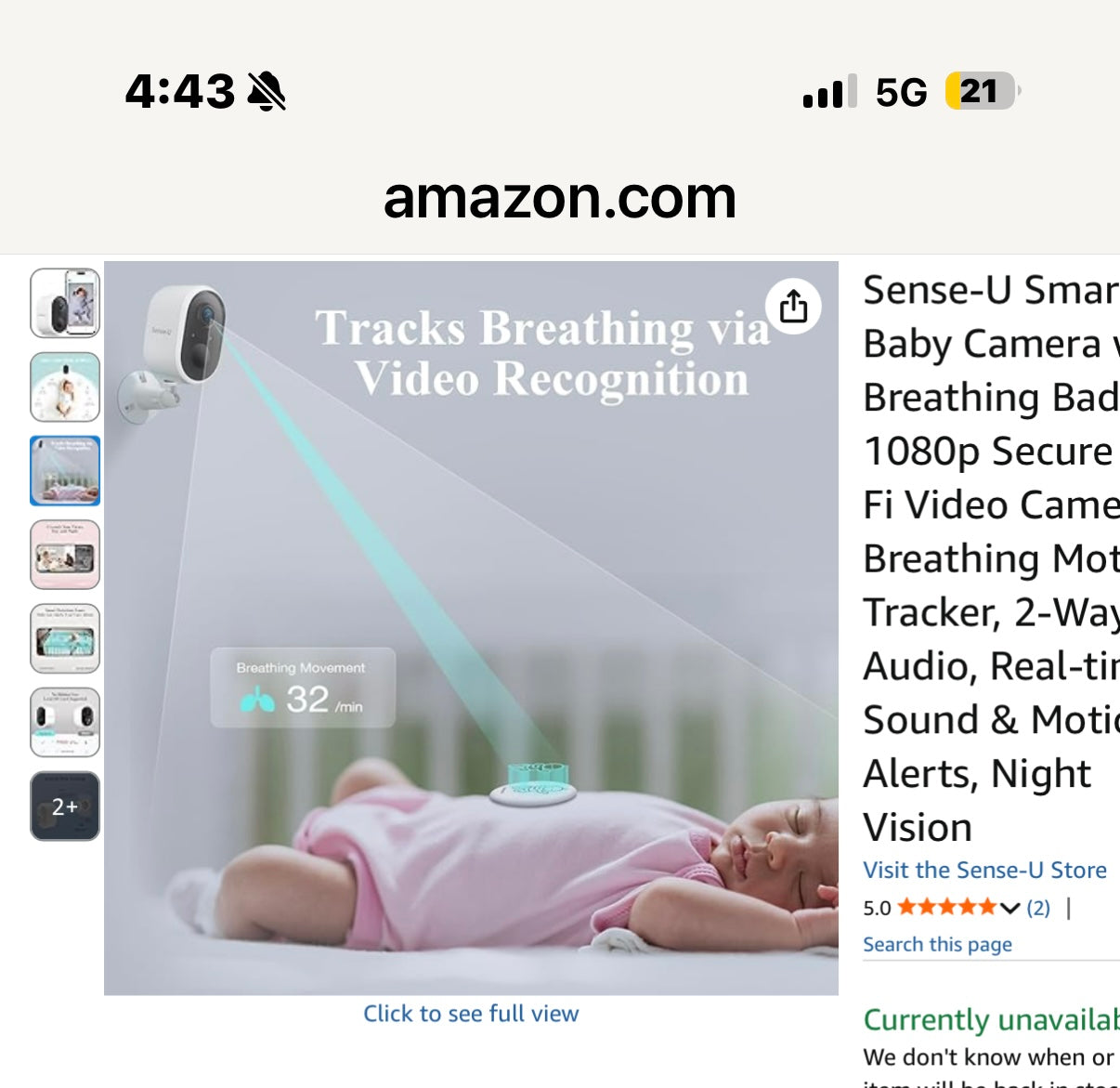 Sense-U Smart Baby Camera with Breathing Badge - 1080p Secure WiFi Video Camera, Breathing Motion Tracker, 2-Way Audio, Real-time Sound & Motion Alerts, Night Vision