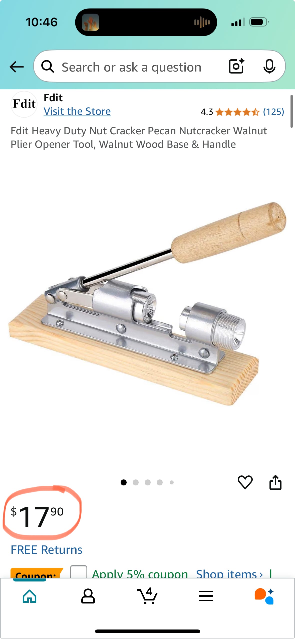 Fdit Heavy Duty Nut Cracker Pecan Nutcracker Walnut Plier Opener Tool, Walnut Wood Base & Handle