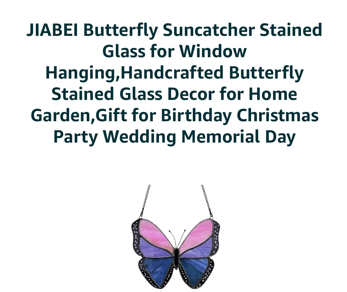 JIABEI butterfly stained-glass-style window suncatcher, in the pink/purple/blue butterfly design.