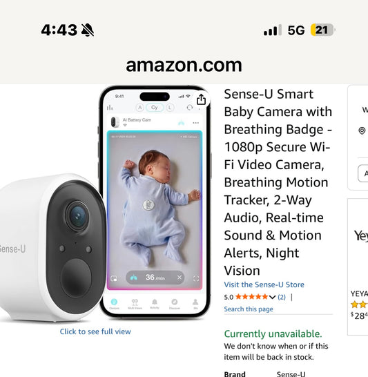 Sense-U Smart Baby Camera with Breathing Badge - 1080p Secure WiFi Video Camera, Breathing Motion Tracker, 2-Way Audio, Real-time Sound & Motion Alerts, Night Vision