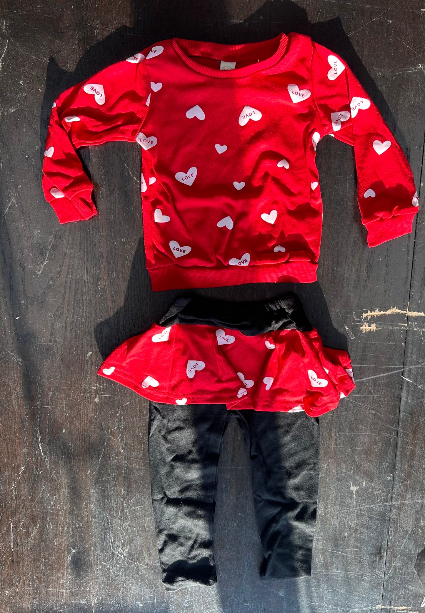 Little Girls Valentines Outfit, Heart Print Sweatshirt Top, Long Pants Skirt, 2pc Set (Size 4T)