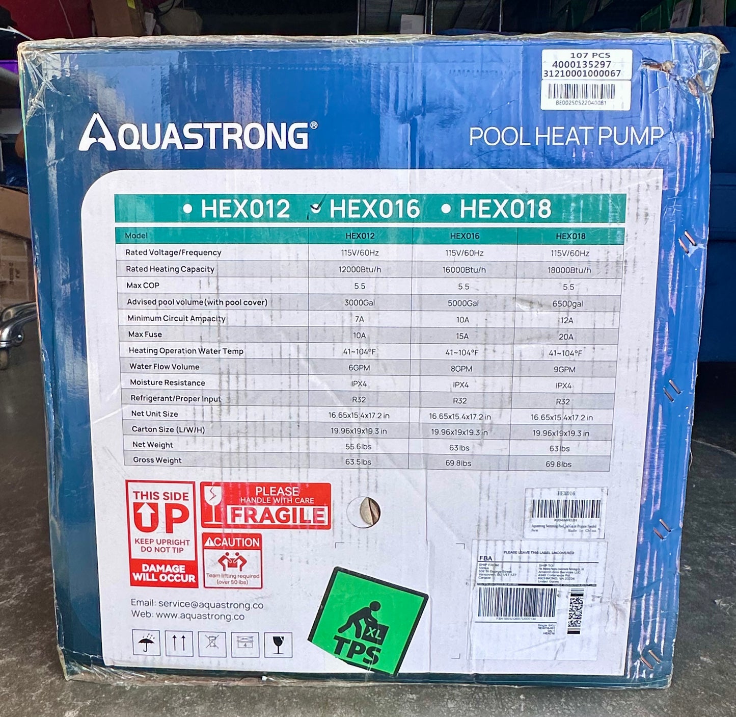 AQUASTRONG HEX016, 16,000 BTU Heat Pump For 5,000 Gallon
Pools 120V (R740)