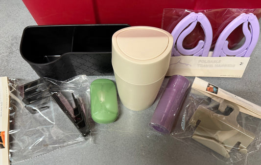 Car Travels Essentials Kit - Back Seat Organizer, trash can, travel coat hanger, travel hooks, mini organizers for Jewelry, Pills Organizer