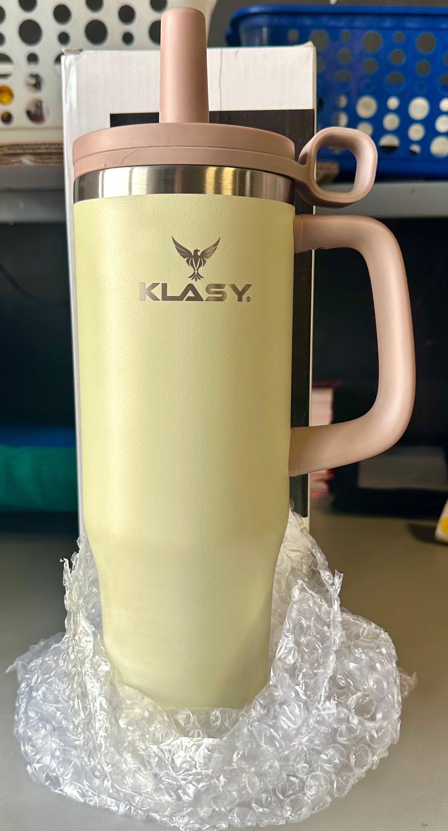 KLASY 40 oz Tumbler with Handle and Straw | Stainless Steel, Double Wall Vacuum Insulated, Dust-Proof Cap | Cupholder friendly | Large Travel Mug for Water, Iced Tea or Coffee, Smoothie and More