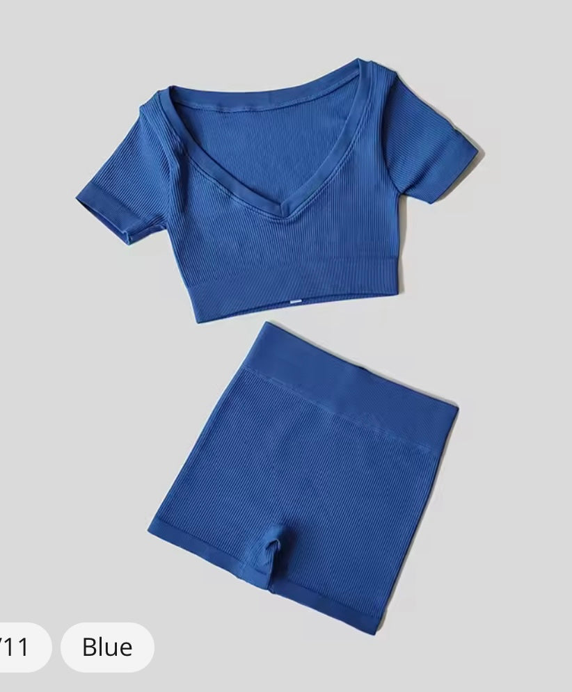 2 Piece Stretch Seamless Ribbed Crop High Waist Shorts Yoga Set (Size L)