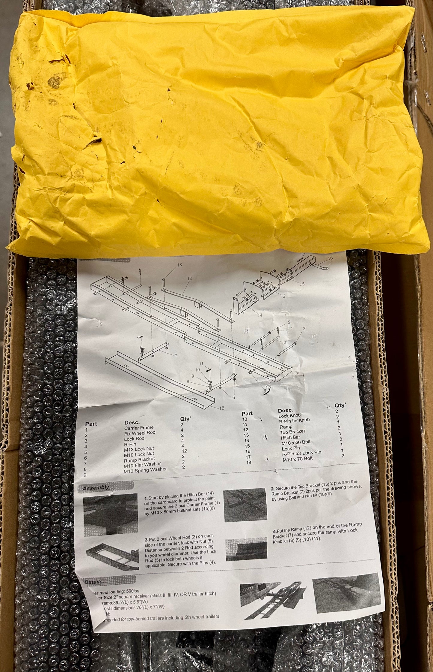 500LBS Motorcycle Hitch Carrier Rack with 47" Loading Ramp, Anti-Tilt Design, Shock Absorption, Heavy-Duty Steel Frame, Fits 2" Receiver and 5" Wide Tires, Easy Load & Transport (G946)