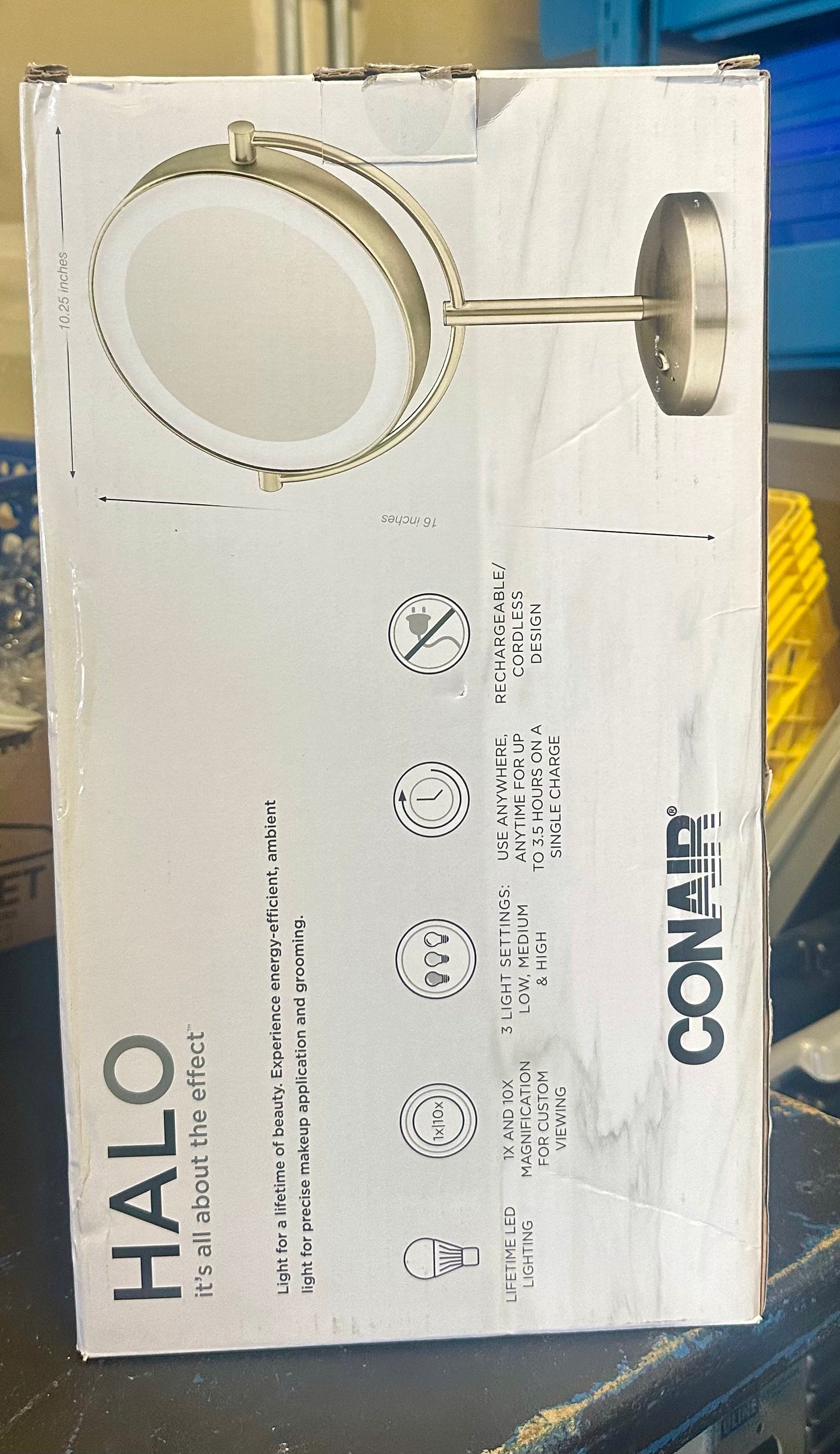 Conair Lighted Makeup Mirror, Double-Sided LED Vanity Mirror with 1X/10X Magnification, 3 Light Settings, 3 Modes, 360° Rotation, Satin Nickel Finish