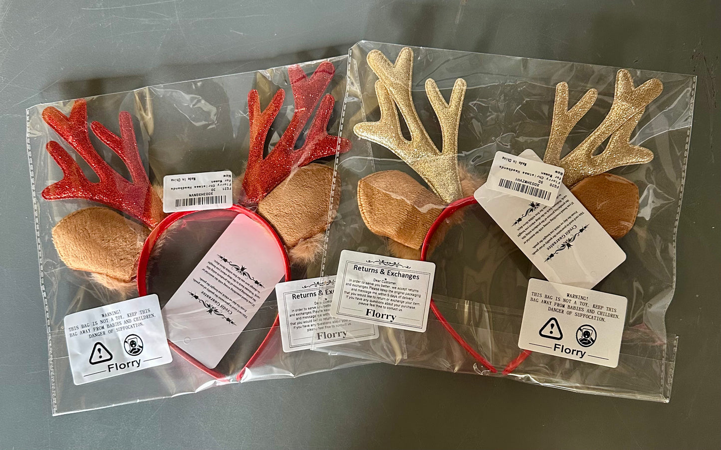 2-Pack, Christmas Headbands, Deer Antlers Headband, One Red and One Gold Reindeer Antlers