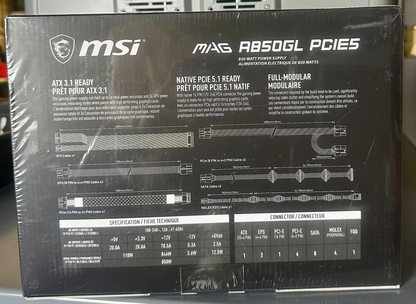 MSI MAG A850GL PCIE5, Fully Modular Compact Gaming 850W Power Supply, 80+ Gold, ATX 3.1 & PCle 5.1 Ready, Native Dual-Color 12V-2x6 Cable