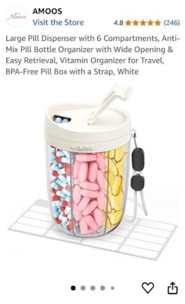 AMOOS Large Pill Dispenser with 6 Compartments, Anti-Mix Pill Bottle Organizer with Wide Opening & Easy Retrieval, Vitamin Organizer for Travel, BPA-Free Pill Box with a Strap, White