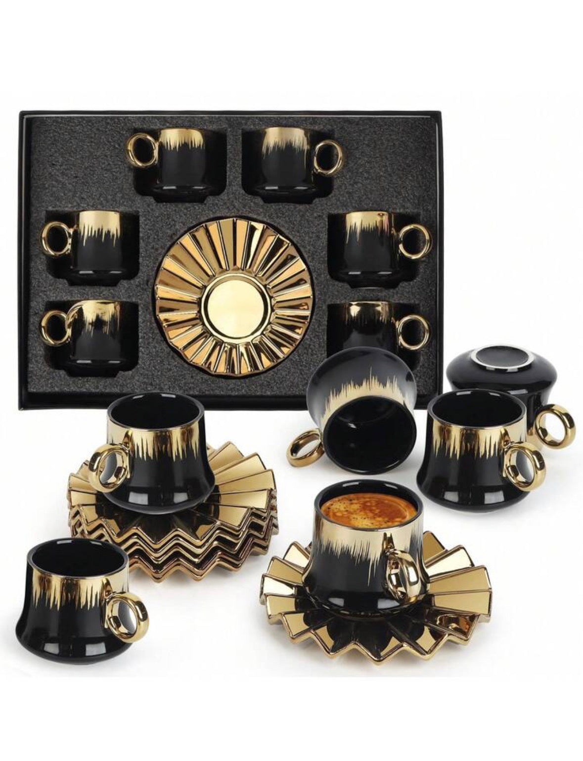 HYEIOL Cappuccino Cups with Saucers,3.4 oz Ceramic Turkish Coffee Cup With Gold Trim,Black Gift Box with Window,Espresso Cups Set of 6 for Cappuccino, Latte, Mocha, Au Lait, Double Espresso,Black