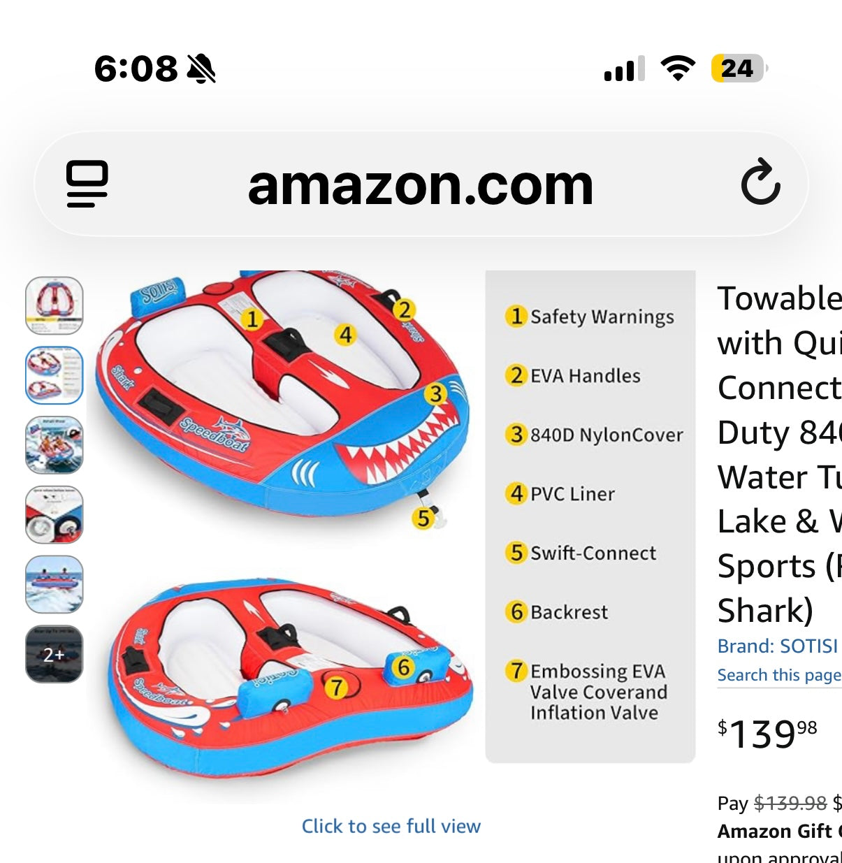Towable Tube for Boating, 1–2 Person Inflatable Towable Tube with Quick Connect, Heavy Duty 840D Nylon Water Tube for Lake & Water Sports (Red Shark)